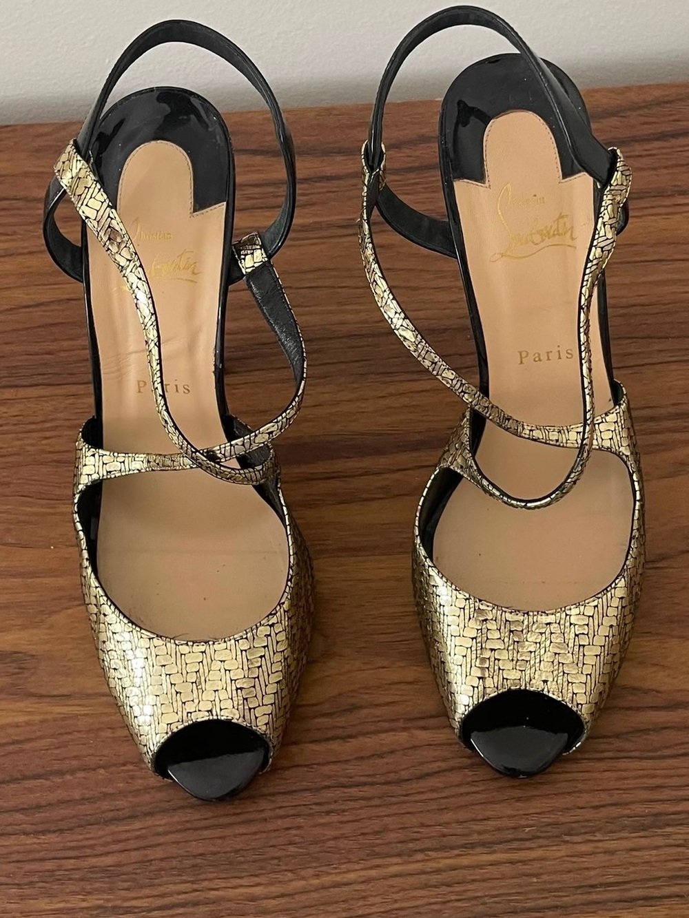 Christian Louboutin Gold and Black Strappy Peep-Toe Sandals